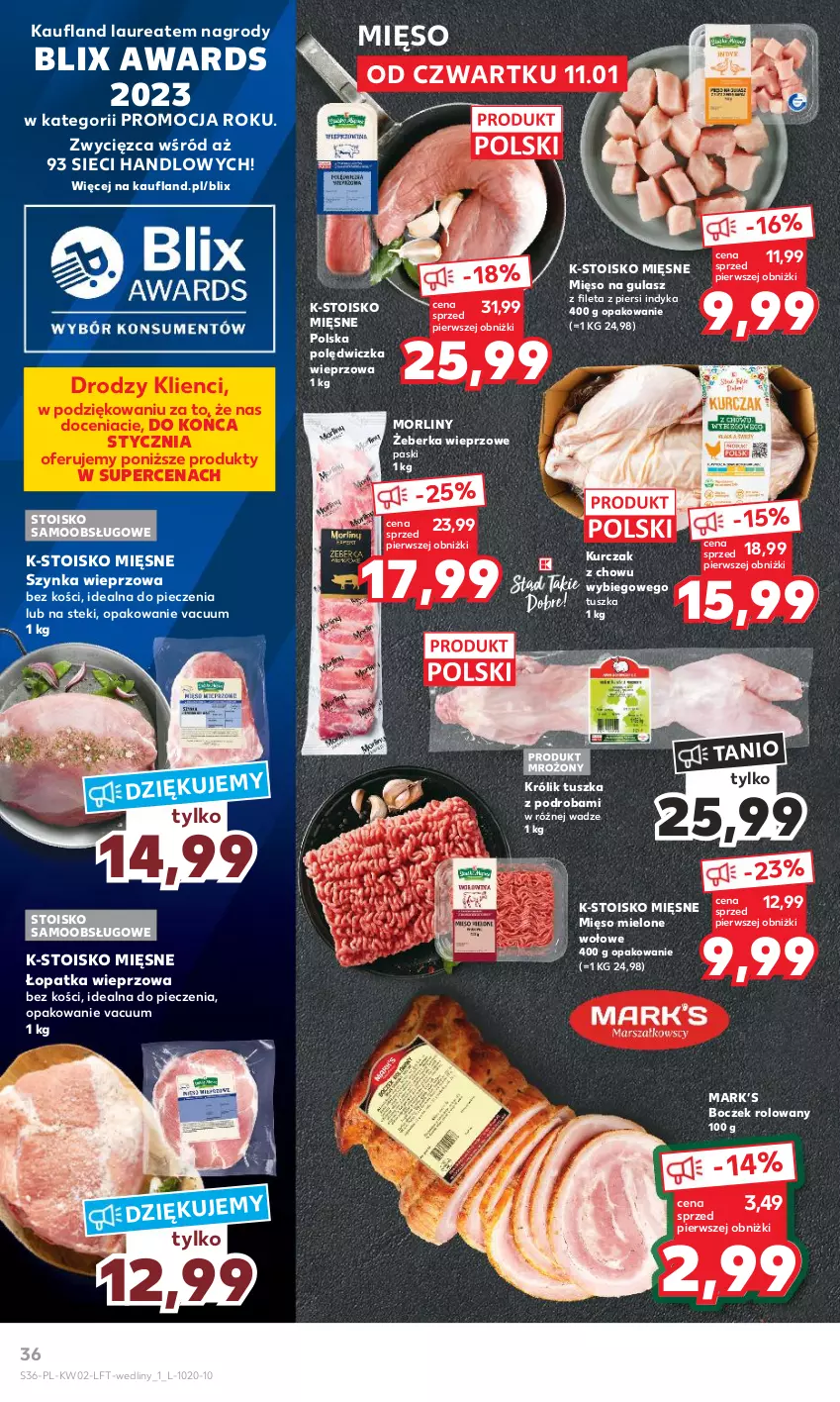 Gazetka promocyjna Kaufland - Gazetka tygodnia - ważna 11.01 do 17.01.2024 - strona 36 - produkty: Boczek, Królik, Kurczak, Laur, Mięso, Mięso mielone, Mięso na gulasz, Morliny, Piec, Polędwiczka wieprzowa, Stek, Szynka, Szynka wieprzowa, Tusz