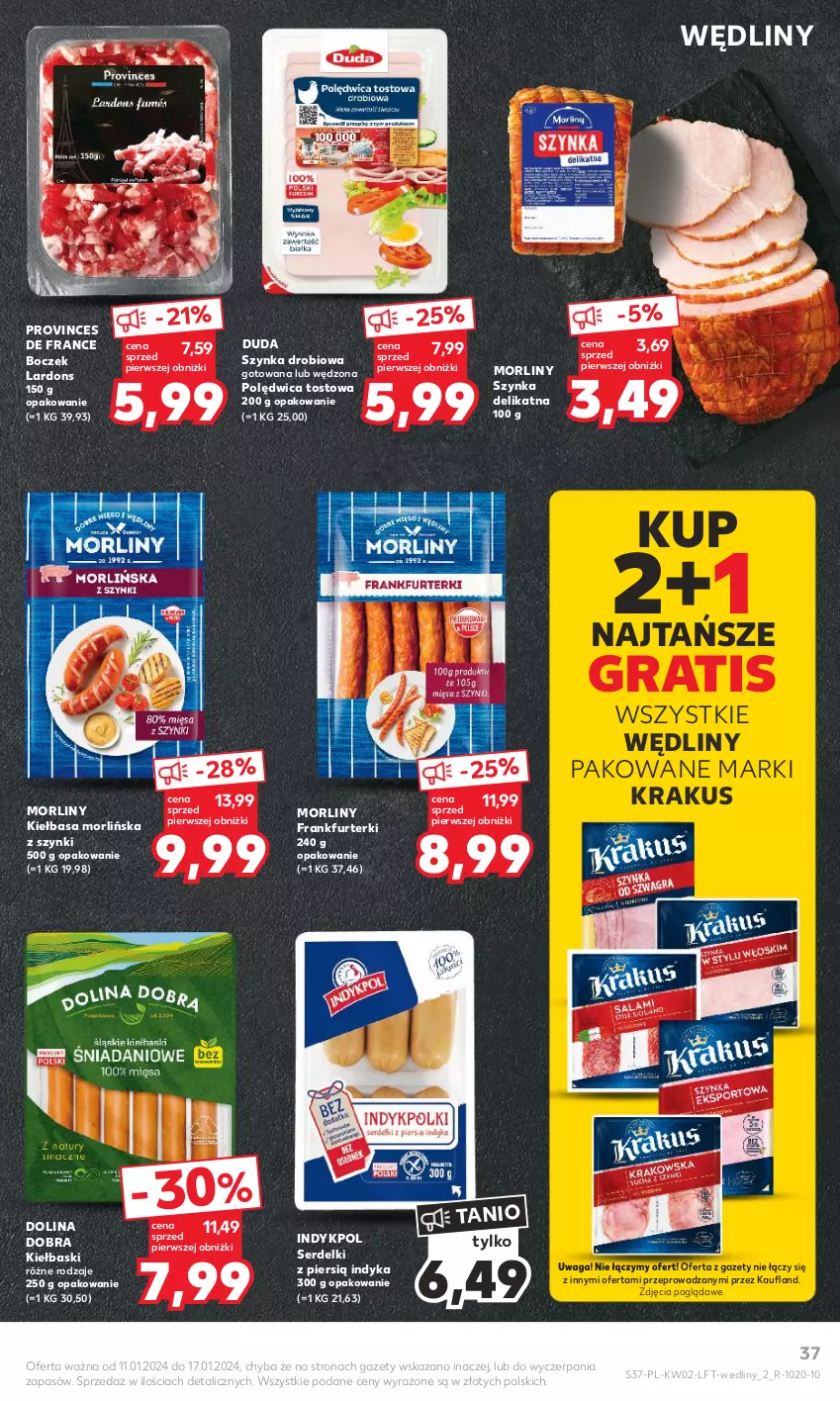 Gazetka promocyjna Kaufland - Gazetka tygodnia - ważna 11.01 do 17.01.2024 - strona 37 - produkty: Boczek, Duda, Frankfurterki, Gra, Kiełbasa, Krakus, Morliny, Polędwica, Ser, Serdelki, Szynka, Waga