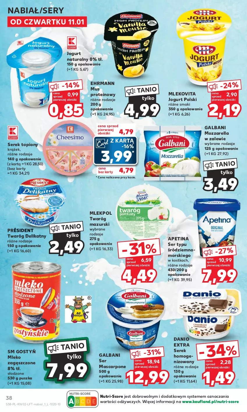 Gazetka promocyjna Kaufland - Gazetka tygodnia - ważna 11.01 do 17.01.2024 - strona 38 - produkty: Danio, Galbani, Jogurt, Jogurt naturalny, Mascarpone, Mleko, Mleko zagęszczone, Mlekovita, Mozzarella, Mus, Président, Ser, Serek, Serek homogenizowany, Top, Twaróg, Twaróg delikatny