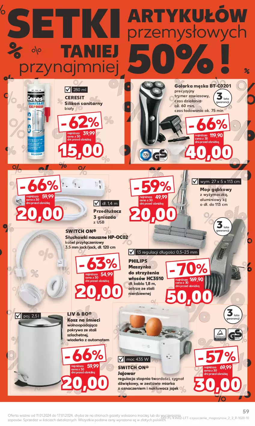 Gazetka promocyjna Kaufland - Gazetka tygodnia - ważna 11.01 do 17.01.2024 - strona 59 - produkty: Ceresit, Golarka, HP, Kosz, Maszynka, Miarka, Mop, Philips, Pokrywa, Silikon sanitarny, Słuchawki, Szynka, Top