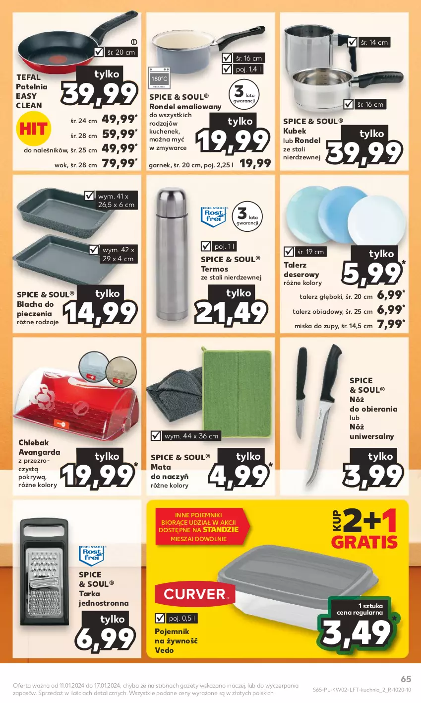 Gazetka promocyjna Kaufland - Gazetka tygodnia - ważna 11.01 do 17.01.2024 - strona 65 - produkty: Blacha do pieczenia, Chleb, Chlebak, Deser, Fa, Garnek, Gra, Kubek, Kuchnia, Miska, Nóż uniwersalny, Patelnia, Piec, Pojemnik, Rondel, Ser, Talerz, Talerz deserowy, Talerz głęboki, Talerz obiadowy, Tarka, Tefal, Termos