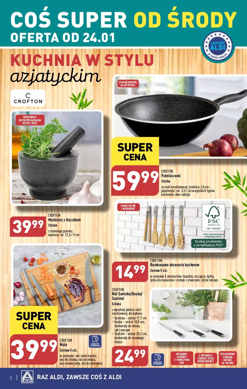 Gazetka promocyjna Aldi - Artykuły przemysłowe i tekstylia - ważna 24.01 do 27.01.2024 - strona 2 - produkty: Cedzak, Chleb, Fa, Gra, Kuchnia, Makaron, Noż, Nóż do chleba, Nóż szefa kuchni, Nóż uniwersalny, Patelnia, Pesto, Sok, Szczypce