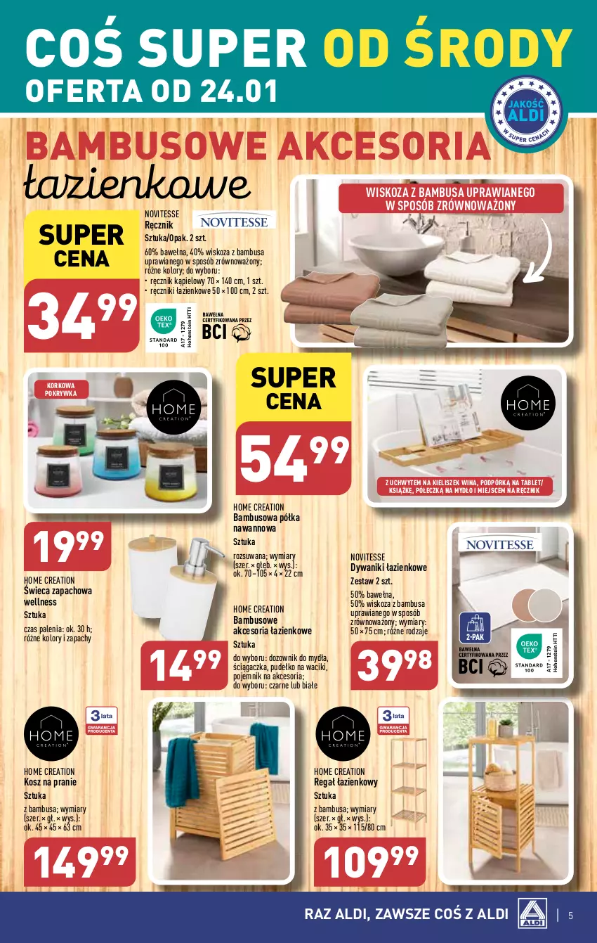 Gazetka promocyjna Aldi - Artykuły przemysłowe i tekstylia - ważna 24.01 do 27.01.2024 - strona 5 - produkty: Dozownik, Dywan, Dywanik, Kieliszek, Kosz, Mydło, Pojemnik, Półka, Pudełko, Ręcznik, Ręcznik kąpielowy, Regał, Tablet, Waciki, Wełna