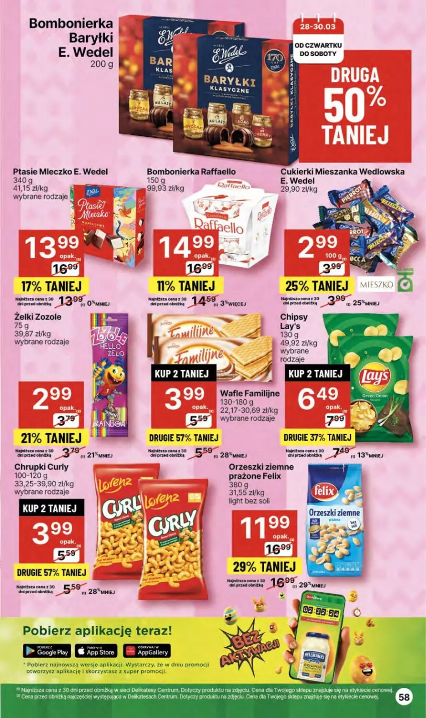 Gazetka promocyjna Delikatesy Centrum - NOWA GAZETKA Delikatesy Centrum od 28 marca! 28.03-03.04.2024 - ważna 28.03 do 03.04.2024 - strona 58 - produkty: Baryłki, Chipsy, Chrupki, Cukier, Cukierki, E. Wedel, Fa, Felix, Mieszanka wedlowska, Mleczko, Orzeszki, Orzeszki ziemne, Ptasie mleczko, Raffaello, Rum, Tera, Wafle