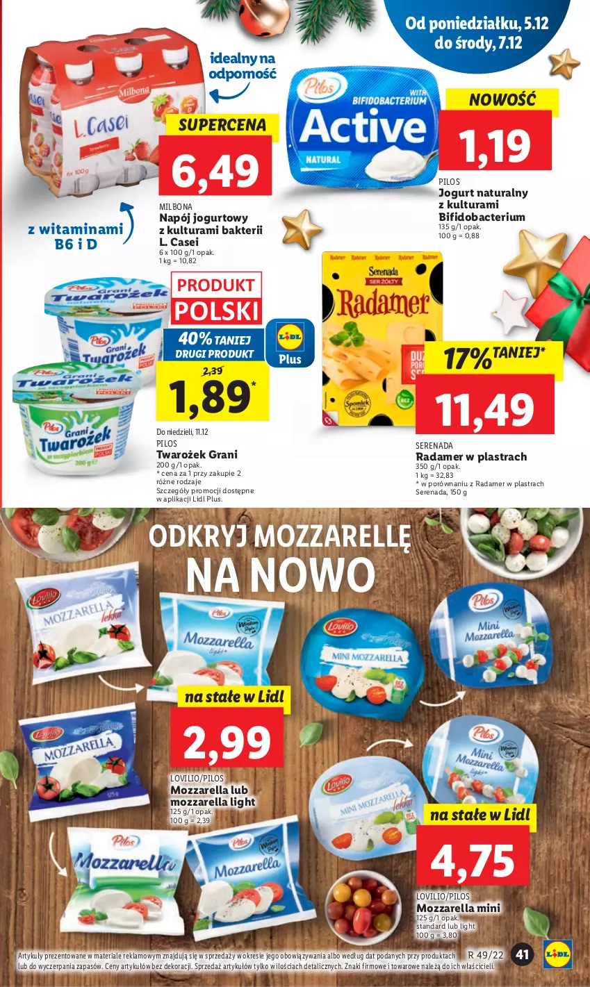 Gazetka promocyjna Lidl - GAZETKA - ważna 05.12 do 07.12.2022 - strona 45 - produkty: Gra, Jogurt, Jogurt naturalny, Lovi, Mozzarella, Napój, Napój jogurtowy, Pilos, Por, Radamer, Ser