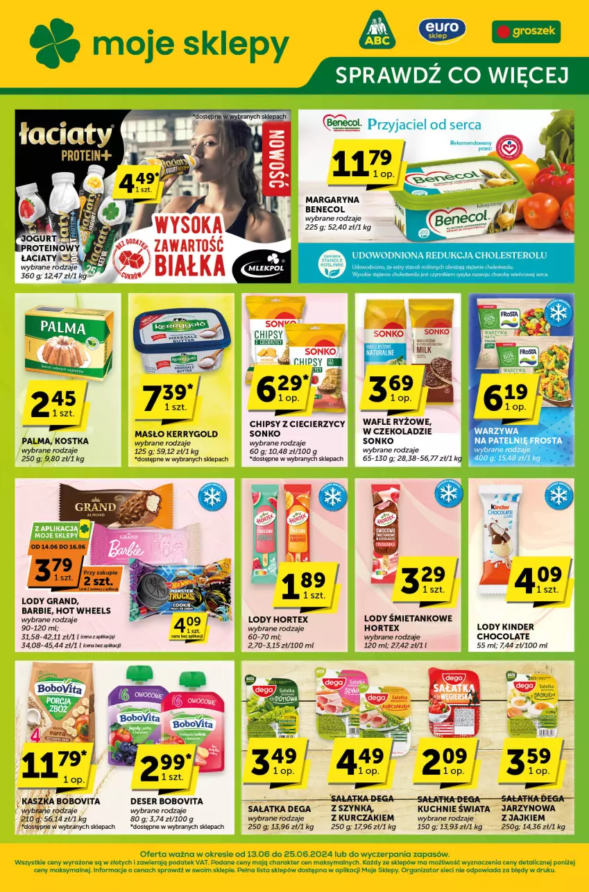 Gazetka promocyjna ABC - ważna 13.06 do 25.06.2024 - strona 1 - produkty: Barbie, Benecol, BoboVita, Chipsy, Dega, Deser, Gra, Hortex, Hot Wheels, Kinder, Kurczak, Lody, Margaryna, Masło, Palma, Ryż, Sałat, Sałatka, Ser, Sonko, Wafle