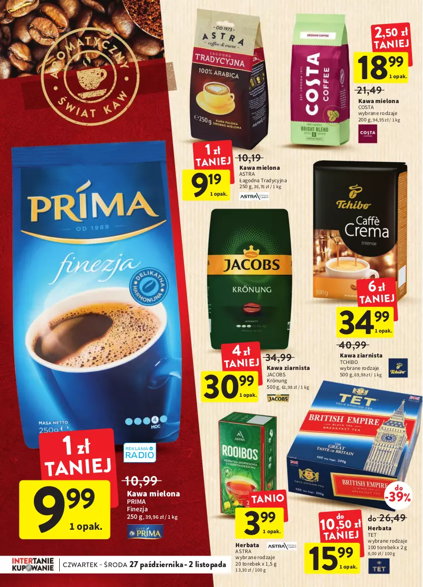 Gazetka promocyjna Intermarche - Gazetka Intermarche - ważna 27.10 do 02.11.2022 - strona 30 - produkty: Herbata, Jacobs, Jacobs Krönung, Kawa, Kawa mielona, Kawa ziarnista, Prima, Tchibo, Top