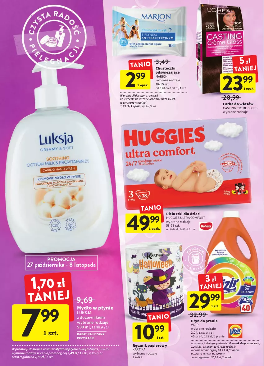 Gazetka promocyjna Intermarche - Gazetka Intermarche - ważna 27.10 do 02.11.2022 - strona 36 - produkty: Chusteczki, Dozownik, Dzieci, Fa, Farba do włosów, Huggies, Luksja, Mydło, Mydło w płynie, Papier, Płyn do prania, Proszek do prania, Ręcznik, Top, Vizir