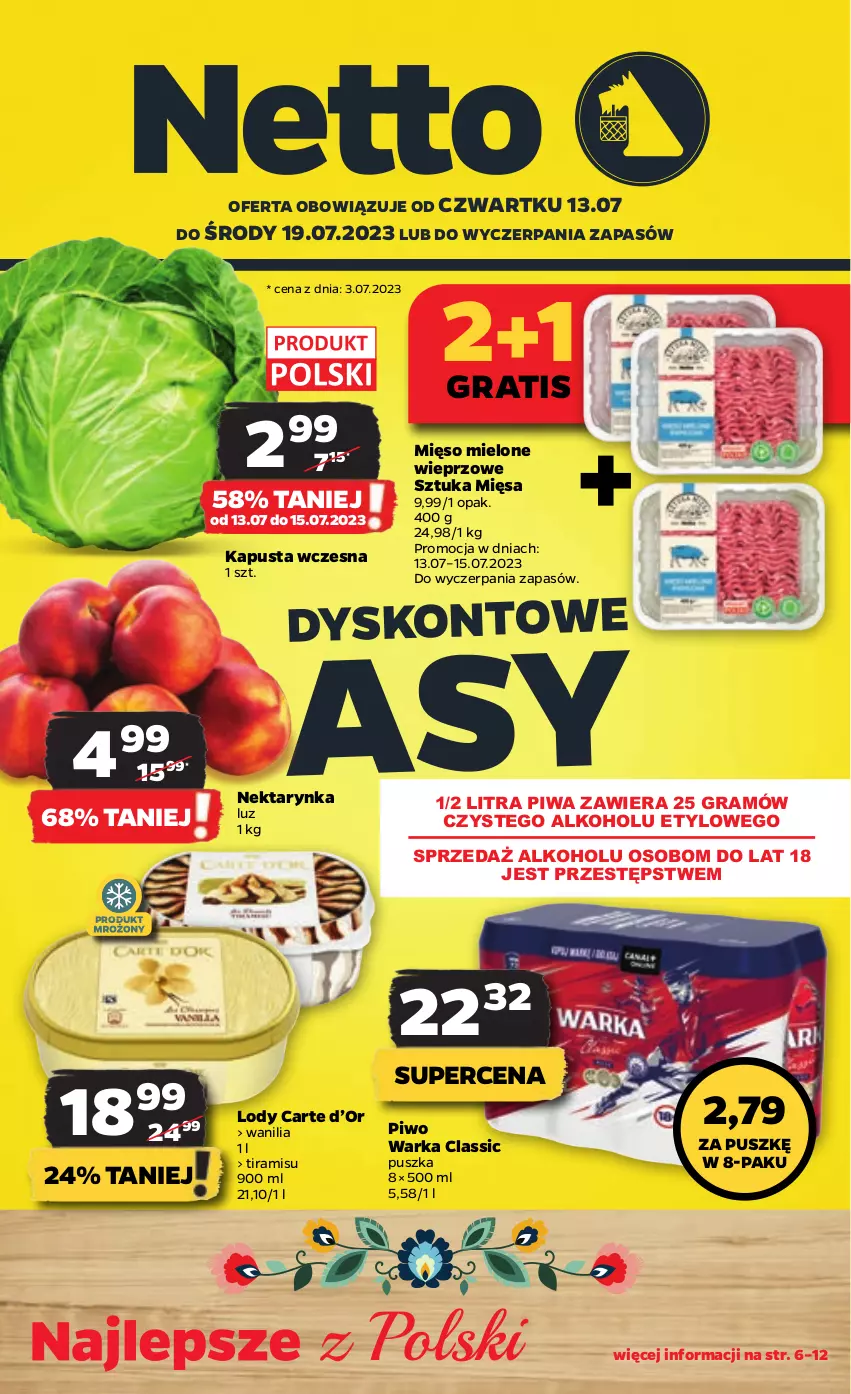 Gazetka promocyjna Netto - Artykuły spożywcze - ważna 13.07 do 19.07.2023 - strona 1 - produkty: Gra, Lody, Mięso, Mięso mielone, Nektar, Nektarynka, Piwa, Piwo, Warka