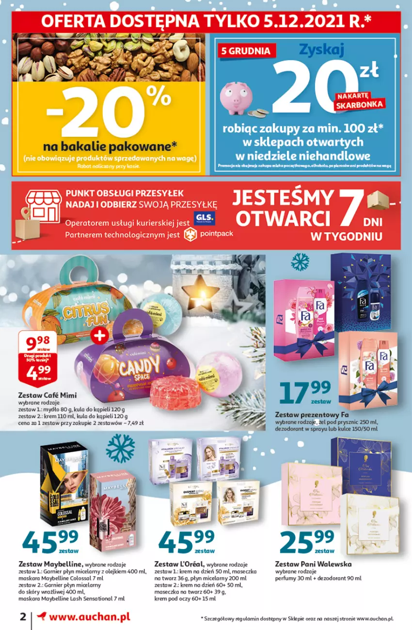 Gazetka promocyjna Auchan - Magia Mikołajkowa Moja Auchan - ważna 02.12 do 08.12.2021 - strona 2 - produkty: Bell, Dezodorant, Fa, Garnier, Krem na dzień, Krem pod oczy, Kula do kąpieli, Maska, Maskara, Maybelline, Mydło, Olej, Perfum, Płyn micelarny, Sati, Ser, Zestaw prezentowy