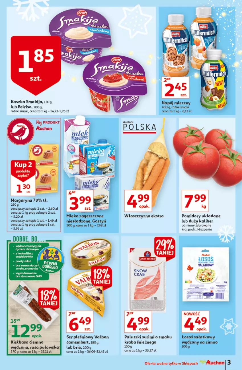 Gazetka promocyjna Auchan - Magia Mikołajkowa Moja Auchan - ważna 02.12 do 08.12.2021 - strona 3 - produkty: Belriso, Brie, Camembert, Fa, Kiełbasa, Margaryna, Pomidory, Ser, Ser pleśniowy, Smakija, Surimi
