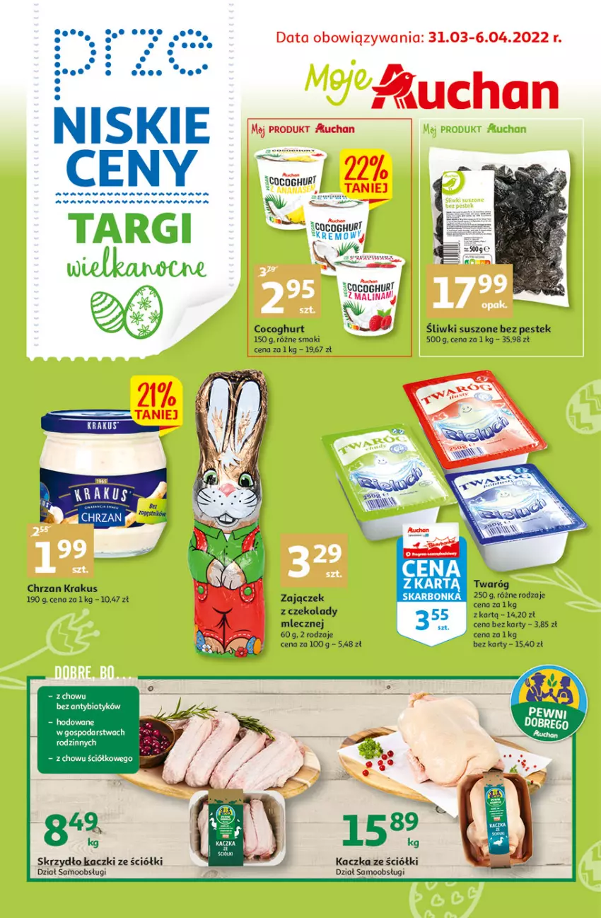 Gazetka promocyjna Auchan - przeNISKIE CENY Targi Wielkanocne Moje Auchan - ważna 31.03 do 06.04.2022 - strona 1 - produkty: Chrzan, Kaczka, Krakus, Nike, Ryż, Stek, Twaróg