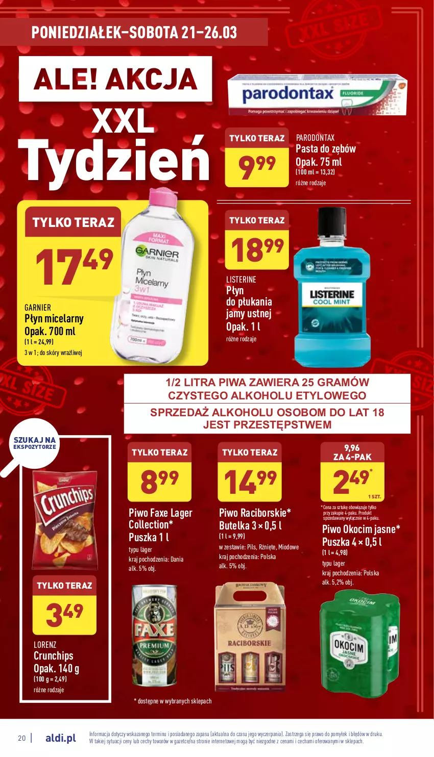 Gazetka promocyjna Aldi - Katalog spożywczy - ważna 21.03 do 26.03.2022 - strona 20 - produkty: Crunchips, Fa, Garnier, Gra, Koc, Listerine, Lorenz, Okocim, Parodontax, Pasta do zębów, Piwa, Piwo, Płyn do płukania, Płyn do płukania jamy ustnej, Płyn micelarny, Tera