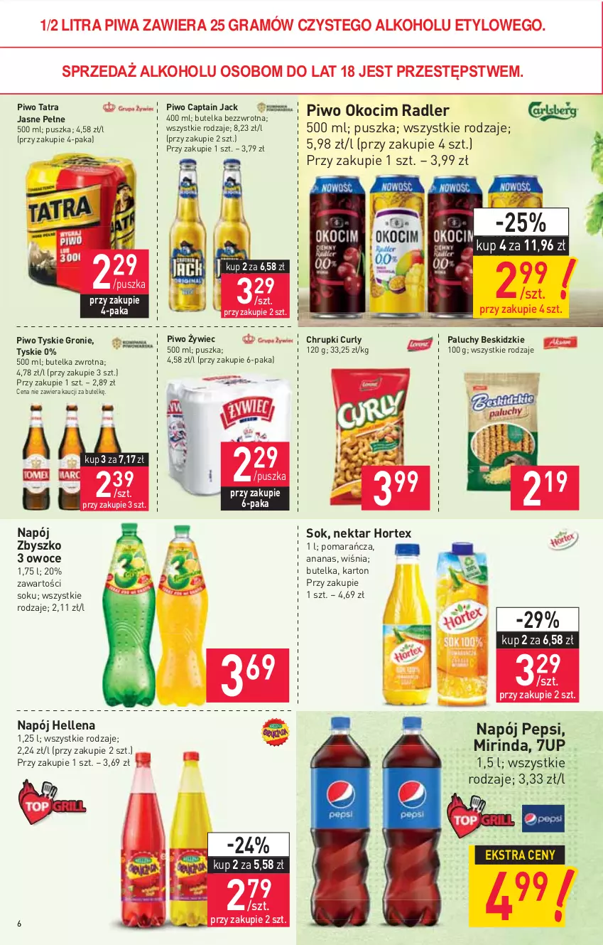 Gazetka promocyjna Stokrotka - Market - ważna 27.05 do 01.06.2021 - strona 6 - produkty: 7up, Ananas, Beskidzki, Captain Jack, Chrupki, Gra, Hellena, Hortex, Koc, Mirinda, Napój, Nektar, Okocim, Owoce, Pepsi, Piwa, Piwo, Radler, Sok, Tatra, Tyskie