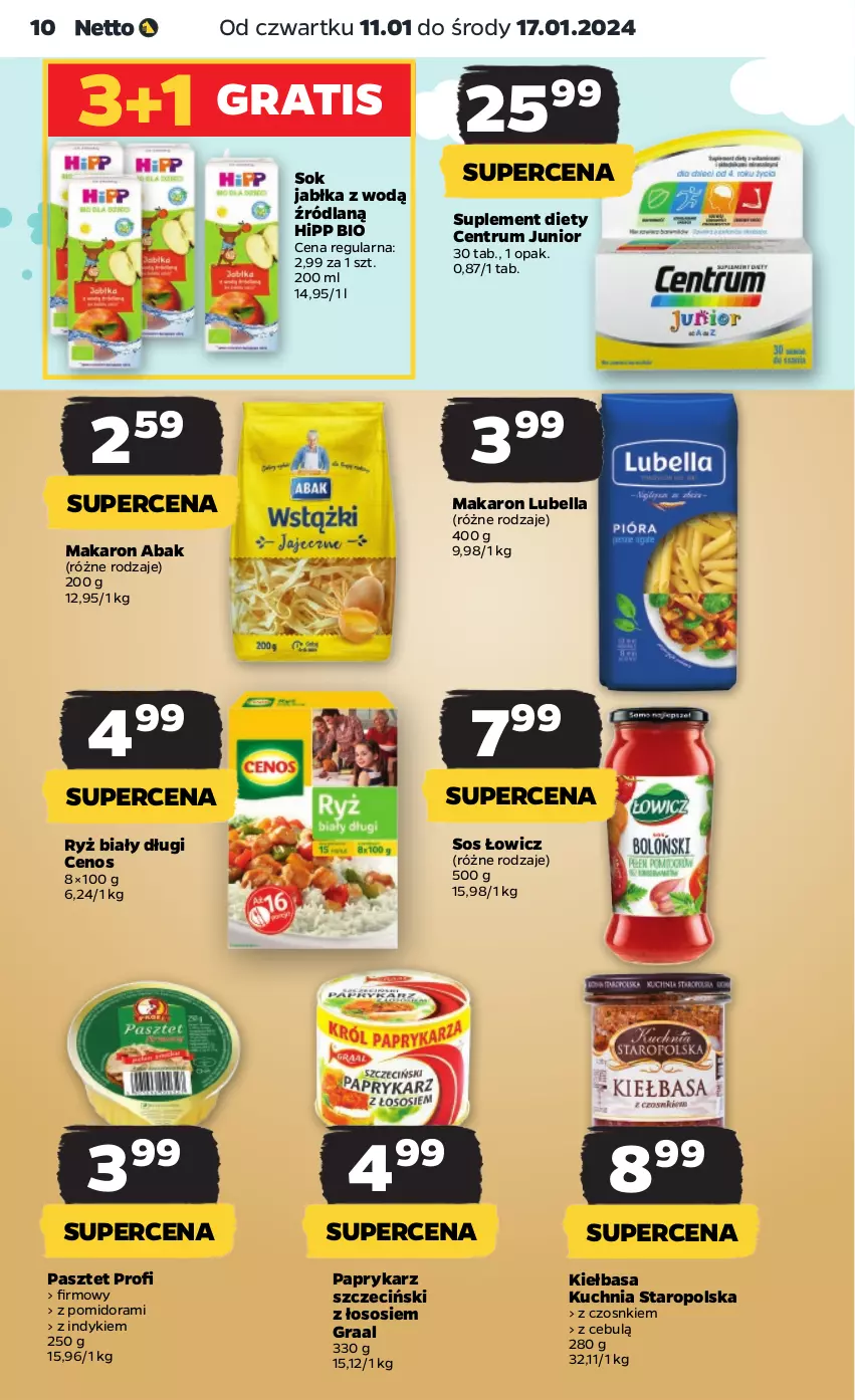 Gazetka promocyjna Netto - Artykuły spożywcze - ważna 11.01 do 17.01.2024 - strona 10 - produkty: Bell, Bella, Cenos, Gra, Graal, HiPP, Hipp Bio, Jabłka, Kiełbasa, Kuchnia, Kuchnia Staropolska, Lubella, Makaron, Papryka, Paprykarz, Paprykarz szczeciński, Pasztet, Rum, Ryż, Ryż biały, Sok, Sos, Suplement diety