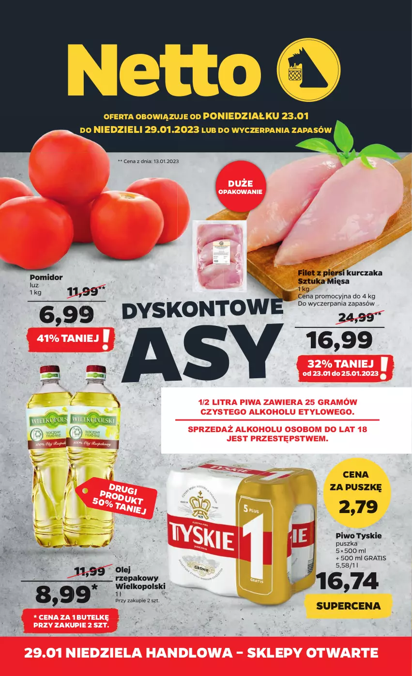 Gazetka promocyjna Netto - Artykuły spożywcze - ważna 23.01 do 29.01.2023 - strona 1 - produkty: Filet z piersi kurczaka, Gra, Kawa, Kawa mielona, Kurczak, Olej, Olej rzepakowy, Piwa, Piwo, Siatka, Tyskie