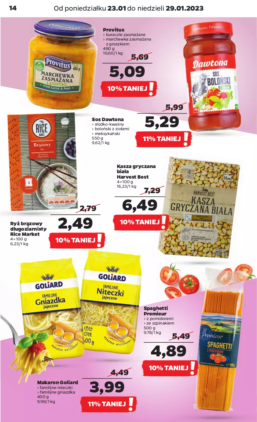 Gazetka promocyjna Netto - Artykuły spożywcze - ważna 23.01 do 29.01.2023 - strona 14 - produkty: Buraczki, Dawtona, Fa, Goliard, Gry, Kasza, Kasza gryczana, Makaron, Marchewka, Ryż, Sos, Spaghetti, Szpinak