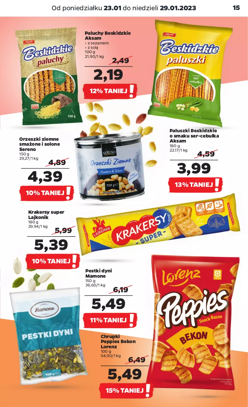 Gazetka promocyjna Netto - Artykuły spożywcze - ważna 23.01 do 29.01.2023 - strona 15 - produkty: Aksam, Beko, Beskidzki, Chrupki, Krakersy, Lajkonik, Lorenz, Orzeszki, Orzeszki ziemne, Pestki dyni, Ser, Sezam