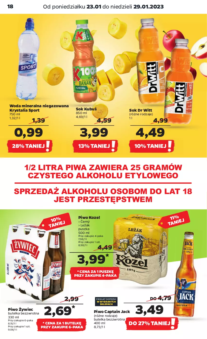 Gazetka promocyjna Netto - Artykuły spożywcze - ważna 23.01 do 29.01.2023 - strona 18 - produkty: Captain Jack, Gra, Kozel, Kubuś, Piwa, Piwo, Por, Sok, Sport, Woda, Woda mineralna