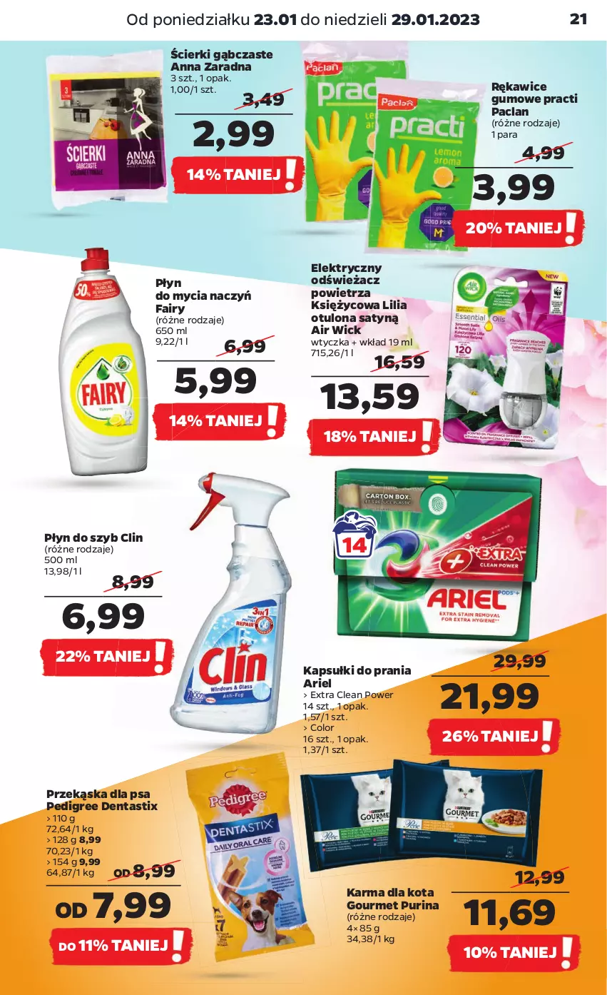 Gazetka promocyjna Netto - Artykuły spożywcze - ważna 23.01 do 29.01.2023 - strona 21 - produkty: Air Wick, Ariel, Clin, Do mycia naczyń, Fa, Fairy, Kapsułki do prania, Odświeżacz powietrza, Pedigree, Płyn do mycia, Płyn do mycia naczyń, Płyn do szyb, Pur, Purina, Rękawice