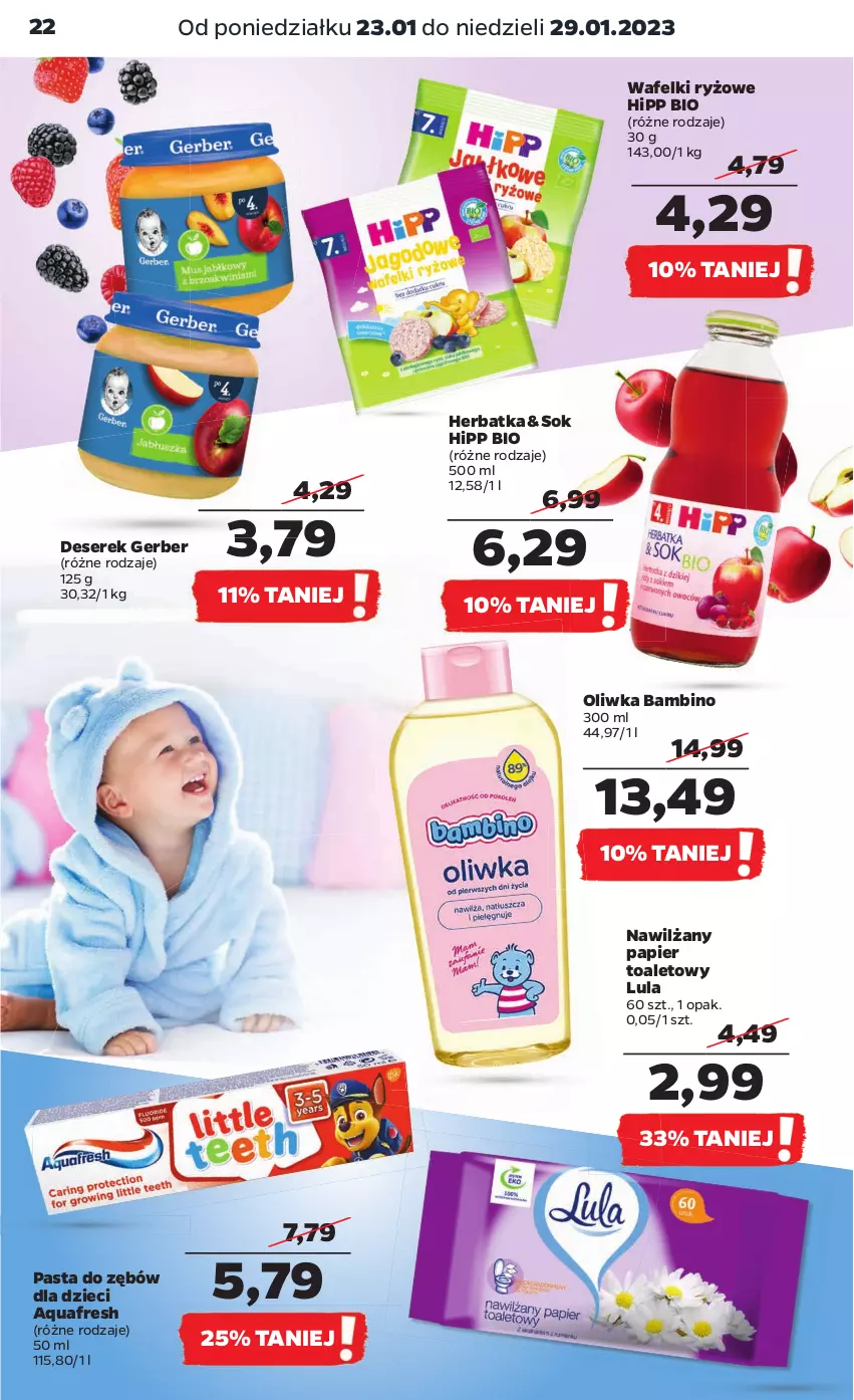 Gazetka promocyjna Netto - Artykuły spożywcze - ważna 23.01 do 29.01.2023 - strona 22 - produkty: Aquafresh, Deser, Dzieci, Gerber, HiPP, Hipp Bio, Nawilżany papier, Papier, Papier toaletowy, Pasta do zębów, Ryż, Ser, Serek, Sok