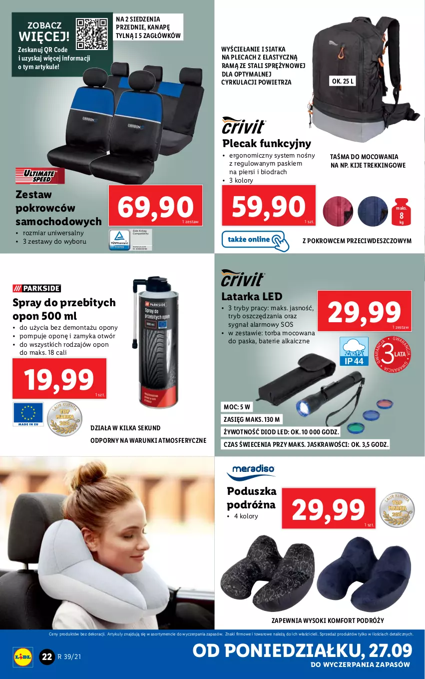 Gazetka promocyjna Lidl - GAZETKA - ważna 27.09 do 03.10.2021 - strona 22 - produkty: Kije, Latarka, Latarka LED, Opony, Plecak, Poduszka, Por, Siatka, Sok, Sos, Tarka, Torba