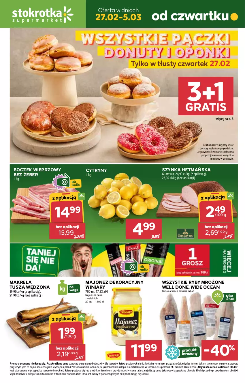 Gazetka promocyjna Stokrotka - Supermarket - ważna 27.02 do 05.03.2025 - strona 1 - produkty: Boczek, Boczek wieprzowy, Cytryny, Gra, Majonez, Mięso, Owoce, Por, Szynka, Tusz, Warzywa, Winiary