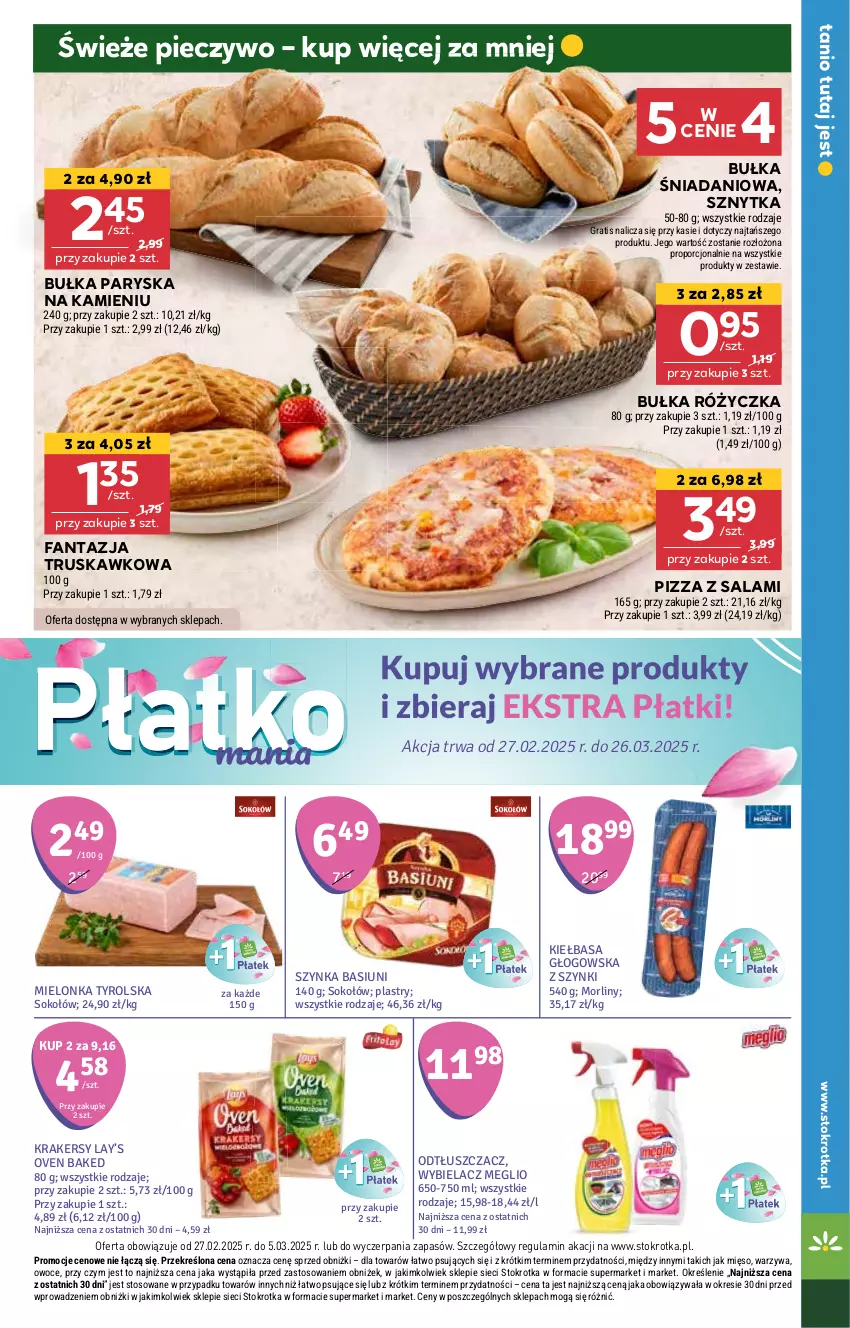 Gazetka promocyjna Stokrotka - Supermarket - ważna 27.02 do 05.03.2025 - strona 13 - produkty: Bułka, Danio, Fa, Fanta, Kiełbasa, Kiełbasa głogowska, Krakersy, Lay’s, Mielonka tyrolska, Mięso, Morliny, Odtłuszczacz, Owoce, Piec, Pieczywo, Pizza, Por, Salami, Sok, Sokołów, Szynka, Warzywa