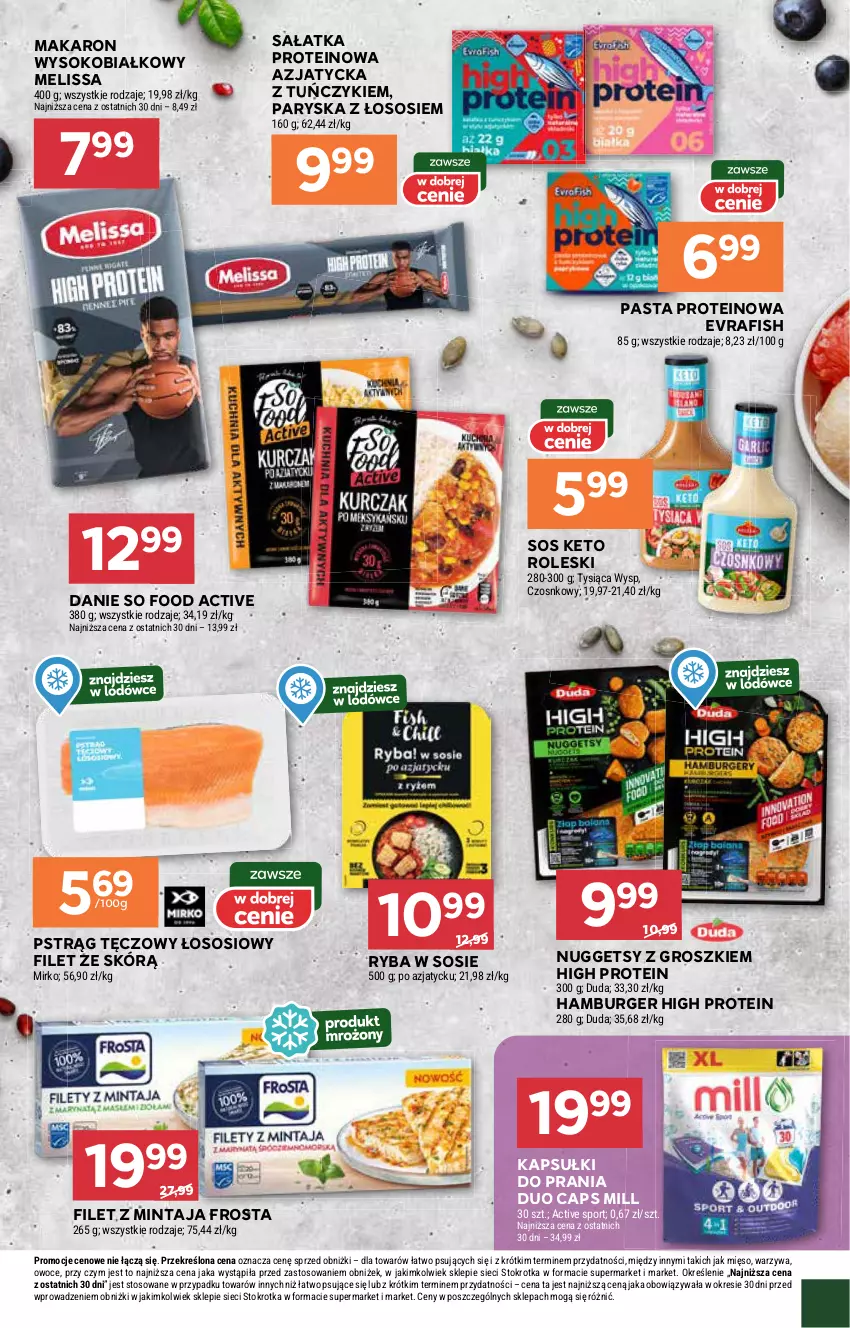 Gazetka promocyjna Stokrotka - Supermarket - ważna 27.02 do 05.03.2025 - strona 17 - produkty: Burger, Filet z mintaja, Frosta, Hamburger, Kapsułki do prania, Makaron, Mięso, Mintaj, Owoce, Por, Pstrąg, Pstrąg tęczowy, Ryba, Sałat, Sałatka, So Food, Sok, Sos, Sport, Tuńczyk, Warzywa