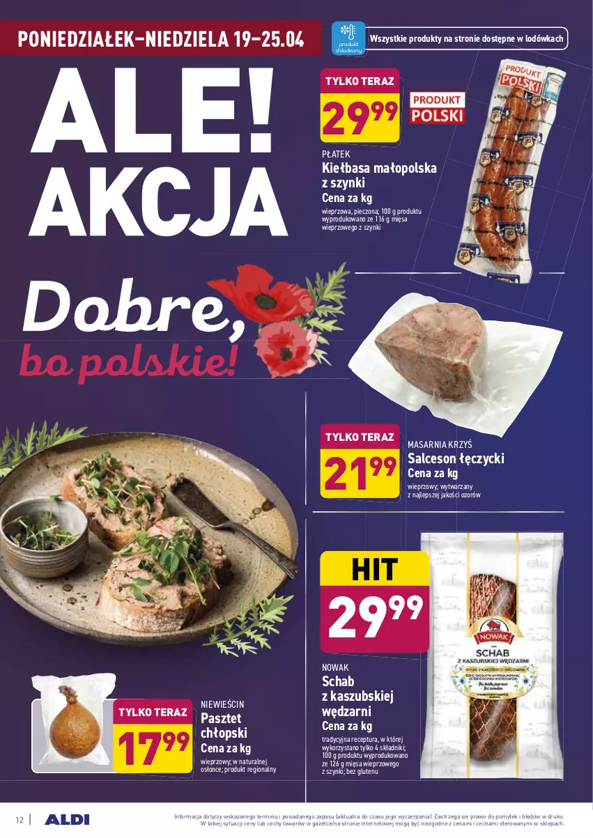 Gazetka promocyjna Aldi - Dobre bo polskie - ważna 19.04 do 24.04.2021 - strona 12 - produkty: Kiełbasa, Lodówka, NOWAK, Pasztet, Piec, Salceson, Schab z kaszubskiej wędzarni, Tera