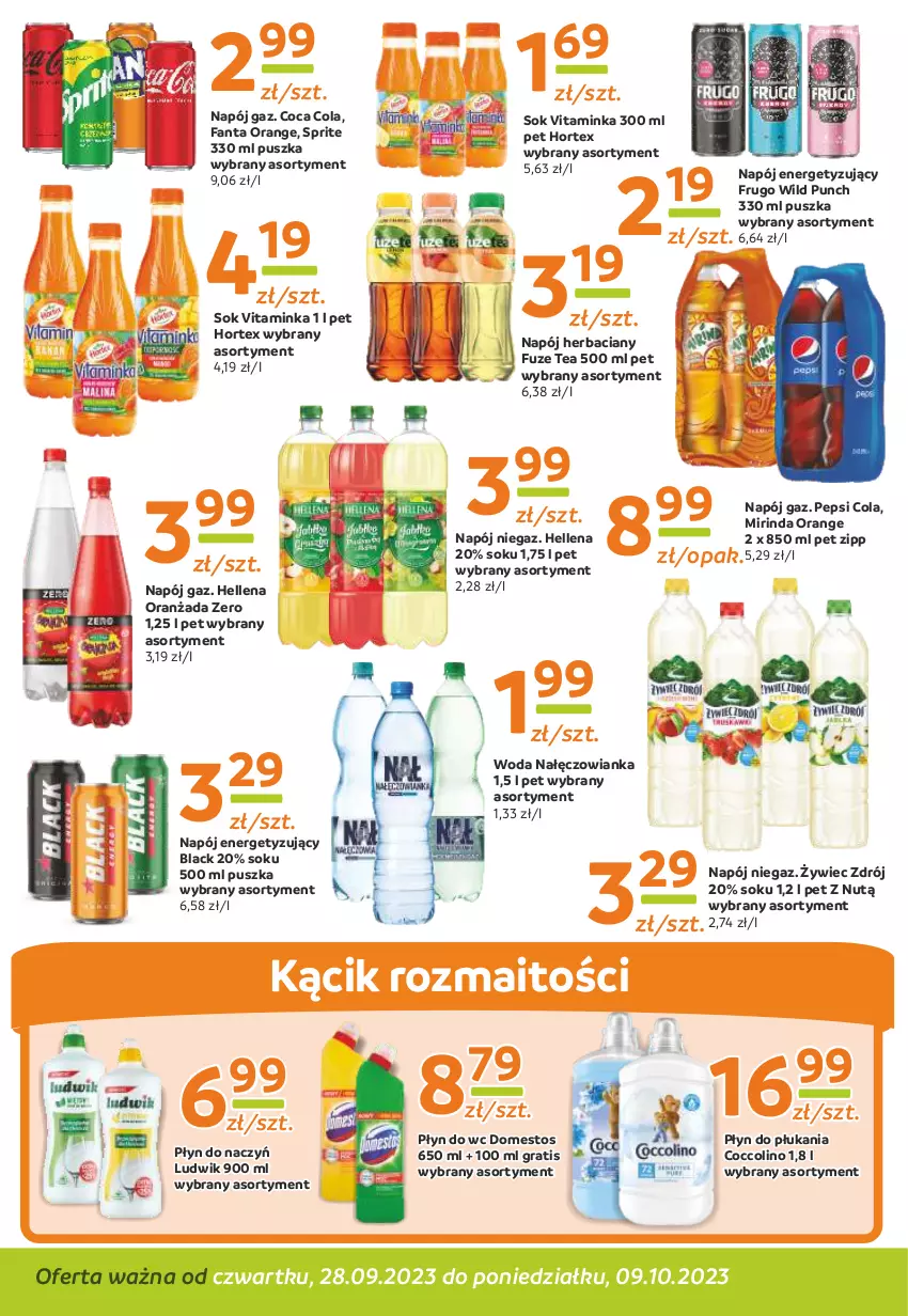 Gazetka promocyjna Gama - Gazetka Gama - ważna 09.10.2023 do 28.09.2024 - strona 10 - produkty: Coccolino, Domestos, Fa, Fanta, Gra, Hellena, Hortex, Inka, Lack, Ludwik, Mirinda, Nałęczowianka, Napój, Oranżada, Pepsi, Płyn do płukania, Płyn do wc, Sok, Sprite, Woda