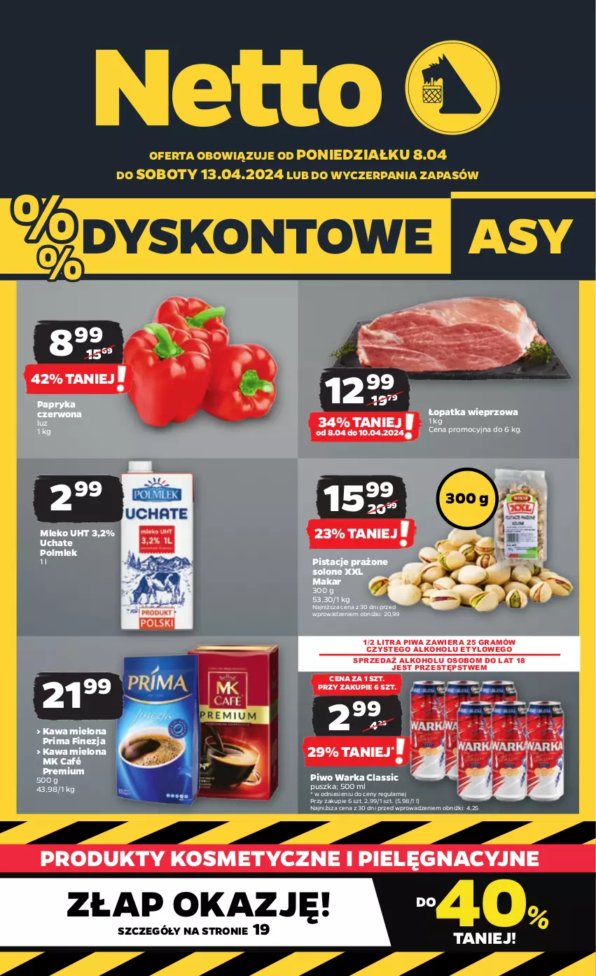 Gazetka promocyjna Netto - Artykuły spożywcze - ważna 08.04 do 13.04.2024 - strona 1 - produkty: Gra, Kawa, Kawa mielona, Mleko, Papryka, Papryka czerwona, Pistacje, Piwa, Piwo, POLMLEK, Prima, Warka