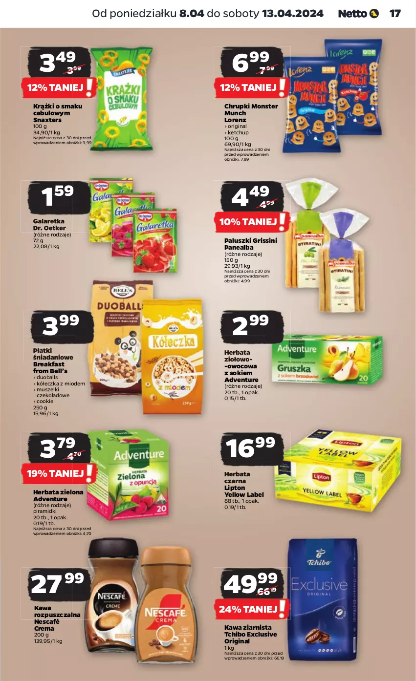 Gazetka promocyjna Netto - Artykuły spożywcze - ważna 08.04 do 13.04.2024 - strona 17 - produkty: Bell, Chrupki, Danio, Dr. Oetker, Fa, Gala, Galaretka, Gin, Grissini, Herbata, Herbata czarna, Kawa, Kawa rozpuszczalna, Kawa ziarnista, Ketchup, Lipton, Lorenz, Monster Munch, Mus, Nescafé, Sok, Tchibo