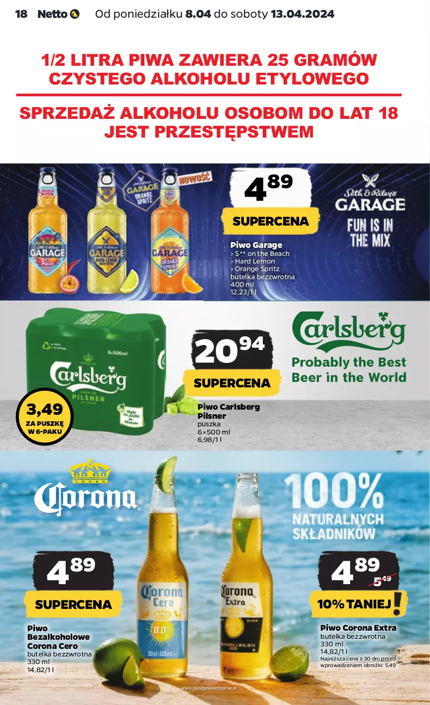 Gazetka promocyjna Netto - Artykuły spożywcze - ważna 08.04 do 13.04.2024 - strona 18 - produkty: Carlsberg, Corona Extra, Gra, Piwa, Piwo