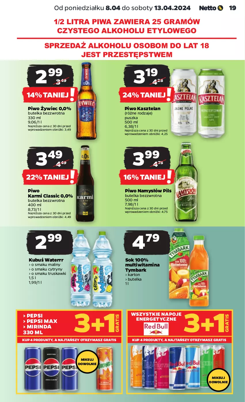 Gazetka promocyjna Netto - Artykuły spożywcze - ważna 08.04 do 13.04.2024 - strona 19 - produkty: Cytryny, Gra, Karmi, Kasztelan, Kubuś, Maliny, Mirinda, Namysłów, Napoje, Pepsi, Piwa, Piwo, Sok, Truskawki, Tymbark