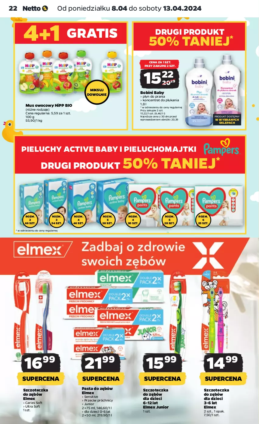 Gazetka promocyjna Netto - Artykuły spożywcze - ważna 08.04 do 13.04.2024 - strona 22 - produkty: Dzieci, Elmex, Gra, HiPP, Hipp Bio, Majtki, Mus, Pasta do zębów, Pieluchomajtki, Pieluchy, Płyn do prania, Szczoteczka, Szczoteczka do zębów