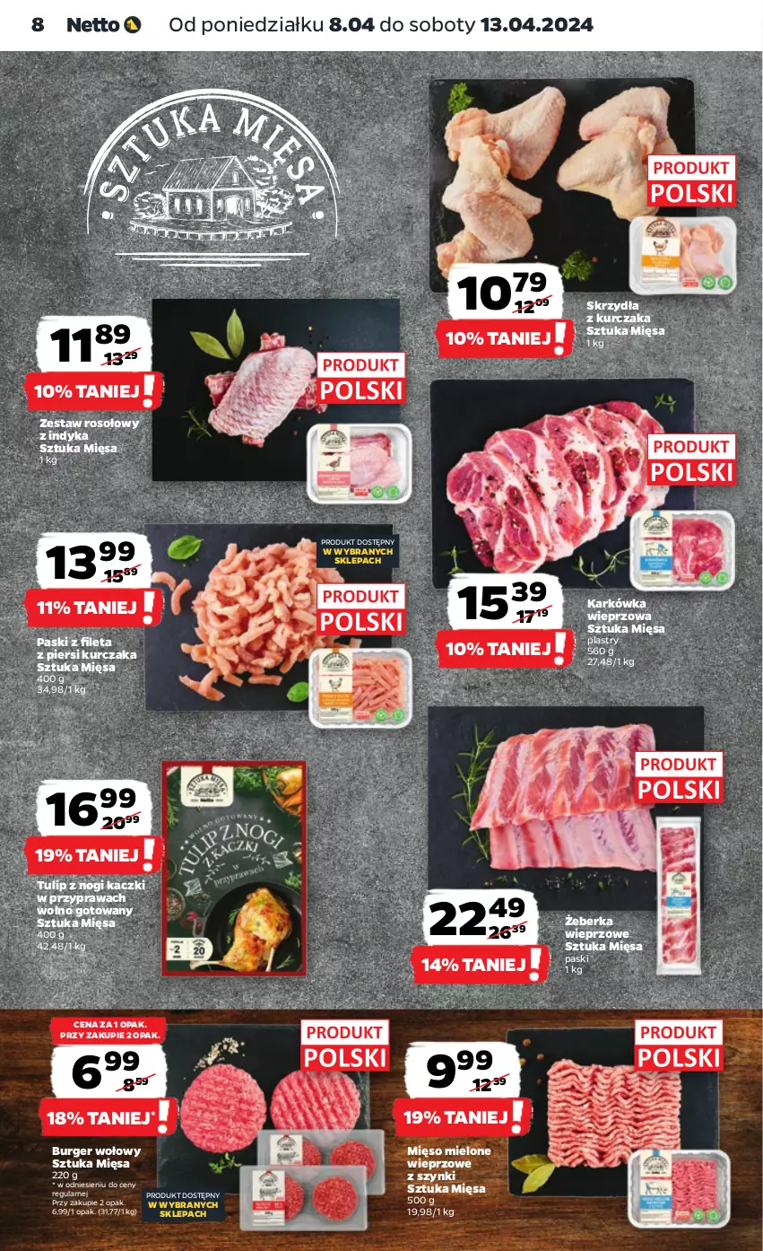 Gazetka promocyjna Netto - Artykuły spożywcze - ważna 08.04 do 13.04.2024 - strona 8 - produkty: Burger, Karkówka wieprzowa, Kurczak, Mięso, Mięso mielone