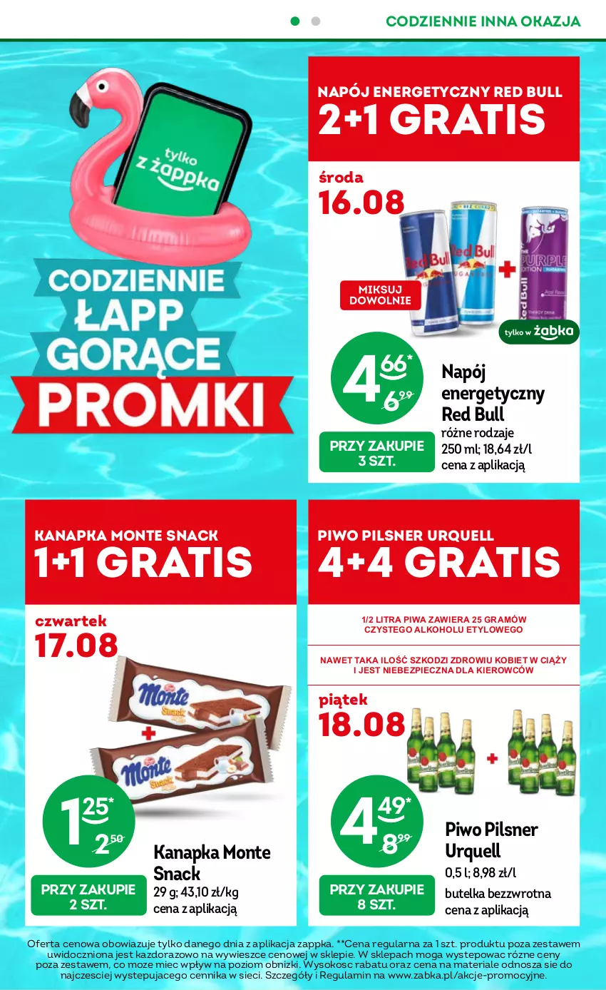 Gazetka promocyjna Żabka - ważna 16.08 do 29.08.2023 - strona 2 - produkty: Gra, Monte, Napój, Napój energetyczny, Piec, Pilsner Urquell, Piwa, Piwo, Red Bull, Sok