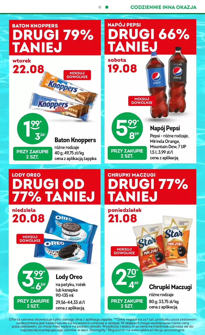 Gazetka promocyjna Żabka - ważna 16.08 do 29.08.2023 - strona 3 - produkty: Baton, Chrupki, Knoppers, Lody, Mirinda, Napój, Oreo, Pepsi, Sok