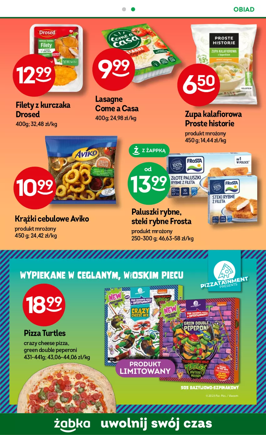 Gazetka promocyjna Żabka - ważna 16.08 do 29.08.2023 - strona 49 - produkty: Bazyl, Frosta, Kalafior, Krążki cebulowe, Kurczak, Lasagne, Paluszki rybne, Piec, Pizza, Sos, Stek, Szpinak, Zupa, Zupa kalafiorowa