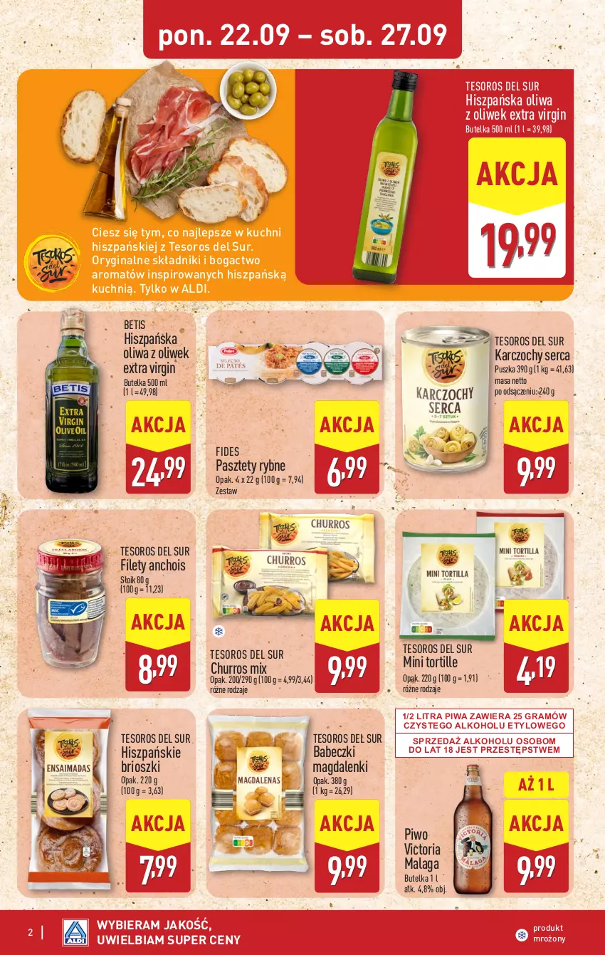 Gazetka promocyjna Aldi - Tydzień Hiszpański - ważna 22.09 do 27.09.2025 - strona 2 - produkty: Babeczki, Gin, Gra, Karczochy, Oliwa z oliwek, Pasztet, Piwa, Piwo, Ser