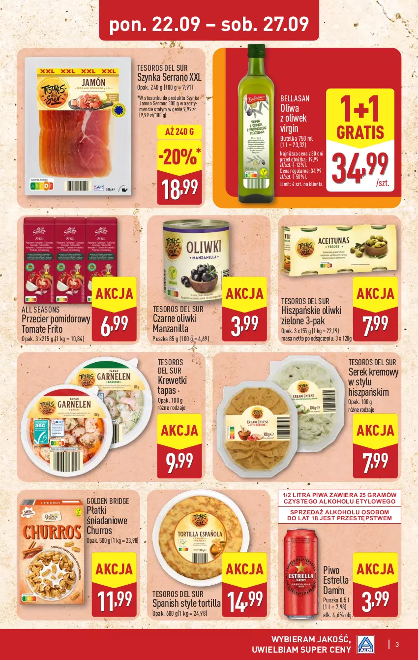 Gazetka promocyjna Aldi - Tydzień Hiszpański - ważna 22.09 do 27.09.2025 - strona 3 - produkty: All Seasons, Bell, Bella, Danio, Gin, Gra, Krewetki, Oliwa z oliwek, Oliwki, Oliwki zielone, Piwa, Piwo, Ser, Serek, Szynka, Tortilla