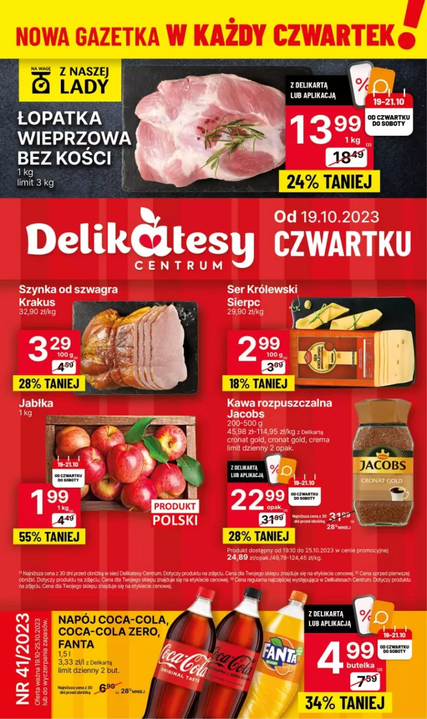 Gazetka promocyjna Delikatesy Centrum - Gazetka DC41czw-sr - ważna 19.10 do 25.10.2023 - strona 1 - produkty: Coca-Cola, Fa, Fanta, Gra, Jacobs, Kawa, Kawa rozpuszczalna, Krakus, Królewski, Napój, Rum, Ser, Szynka