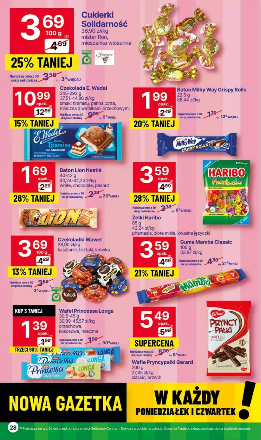 Gazetka promocyjna Delikatesy Centrum - Gazetka DC41czw-sr - ważna 19.10 do 25.10.2023 - strona 28 - produkty: Baton, Cukier, Cukierki, Czekolada, E. Wedel, Haribo, Kokos, Lion, Mamba, Milky Way, Panna cotta, Princessa, Rum, Wafle, Wawel