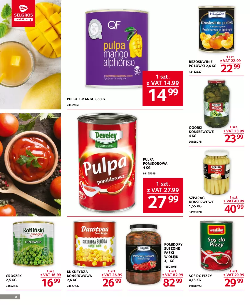 Gazetka promocyjna Selgros - Oferta gastronomiczna - ważna 16.03 do 29.03.2023 - strona 8 - produkty: Brzoskwinie, Groszek, Kukurydza, Kukurydza konserwowa, Mango, Ogórki konserwowe, Olej, Pomidory, Pulpa pomidorowa, Ser, Sos, Sos do pizzy