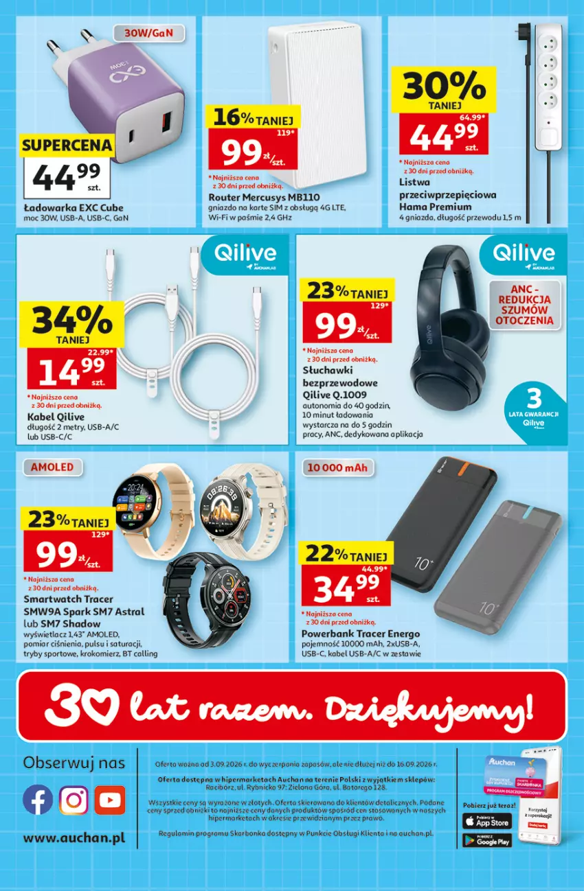 Gazetka promocyjna Auchan - Gazetka 30 Lat Hipermarket Auchan Student - ważna 03.09 do 09.09.2026 - strona 2 - produkty: Acer, Amol, Gra, Hama, Kabel USB, Krokomierz, Listwa, Por, Powerbank, Router, Słuchawki, Słuchawki bezprzewodowe, Smartwatch, Sport, Warka