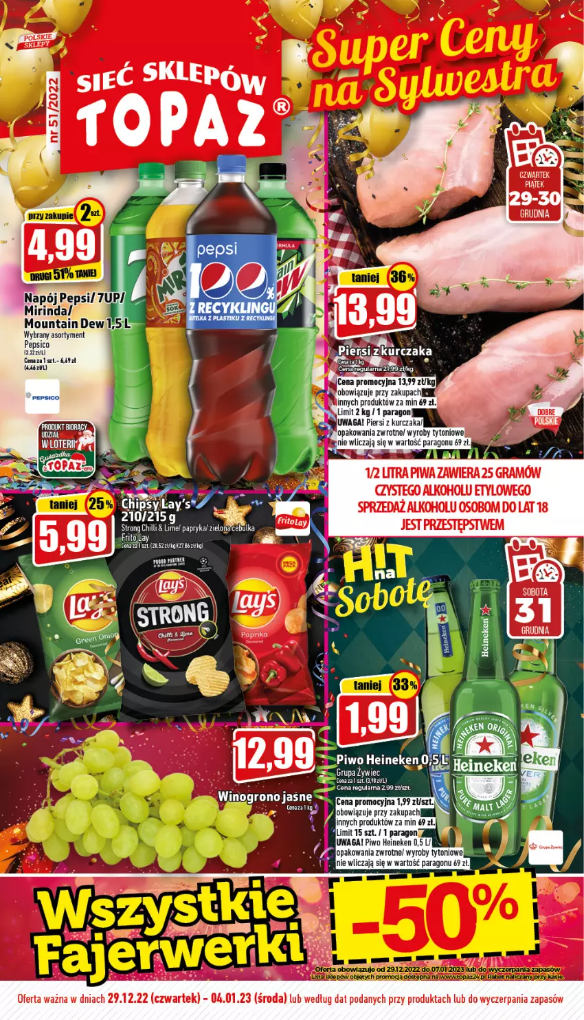 Gazetka promocyjna Topaz - Gazetka - ważna 29.12.2022 do 04.01.2023 - strona 1 - produkty: Heineken, Mirinda, Napój, Papryka, Pepsi, Piwa, Piwo, Wino