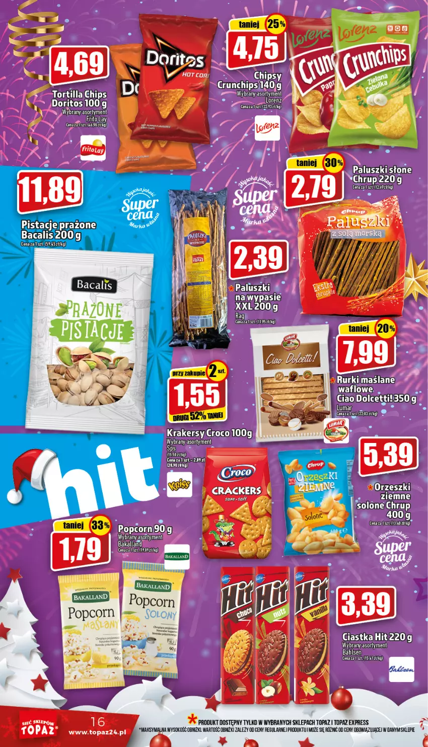 Gazetka promocyjna Topaz - Gazetka - ważna 29.12.2022 do 04.01.2023 - strona 16 - produkty: Bakalland, Ciastka, Crunchips, Pistacje, Popcorn, Sok, Top