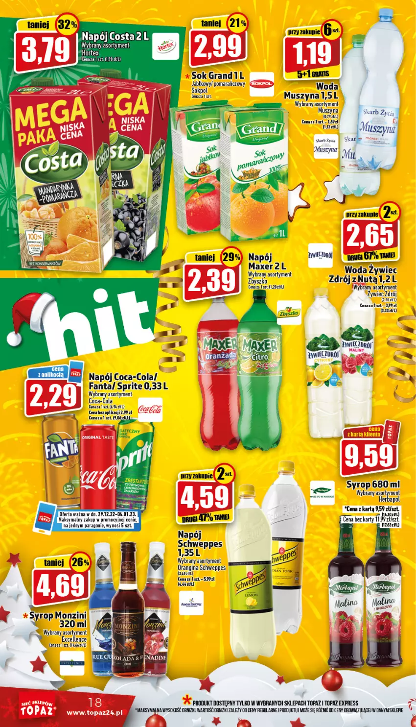 Gazetka promocyjna Topaz - Gazetka - ważna 29.12.2022 do 04.01.2023 - strona 18 - produkty: Coca-Cola, Fa, Fanta, Gin, Gra, Herbapol, Hortex, Maliny, Maxer, Mus, Napój, Schweppes, Sok, Sprite, Syrop, Szyna, Top, Woda