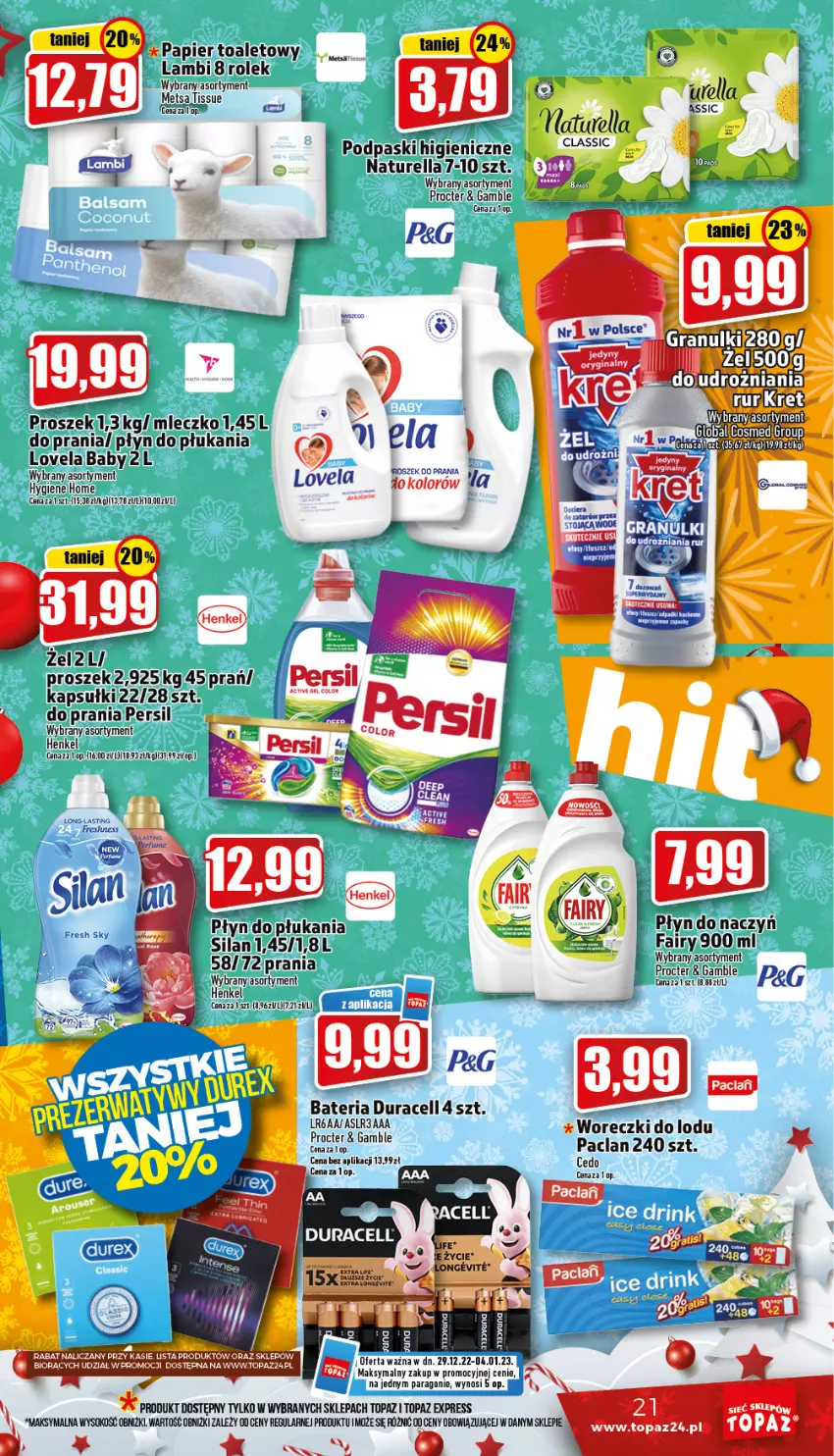 Gazetka promocyjna Topaz - Gazetka - ważna 29.12.2022 do 04.01.2023 - strona 21 - produkty: Bateria, Duracell, Fa, Lovela, Miecz, Naturell, Naturella, Papier, Papier toaletowy, Persil, Płyn do płukania, Sok, Tera, Top, Woreczki do lodu